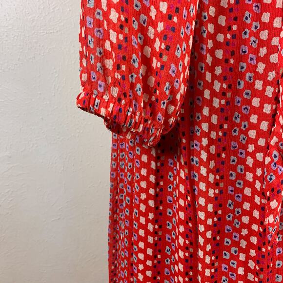 Tanya Taylor Daria Silk Midi Dress Size 8 Red Geo Print Chiffon Ruffles - Picture 5 of 12